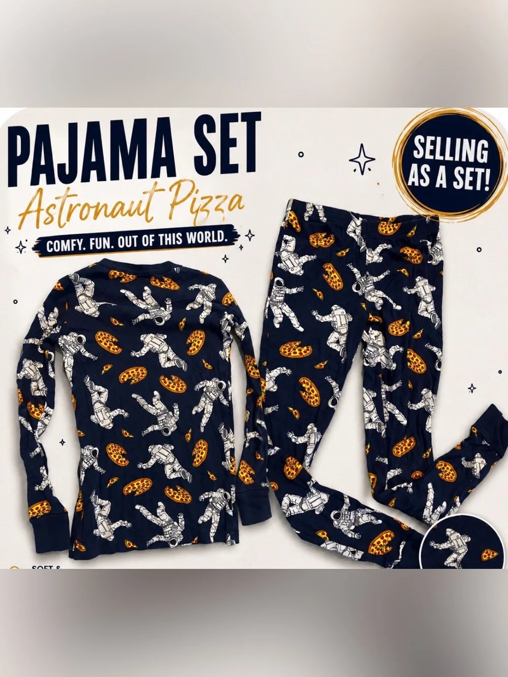Kids landsend Blue Astronaut & Pizza Print Pajama Set